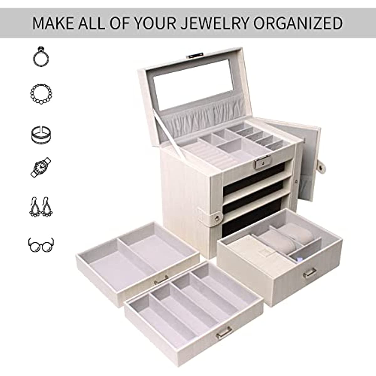 Jewelry Box Organizer with Mirror and 3 Drawers – Perfect Gift for Women and Girls – Keep Your Jewelry Safe and Organized in Style