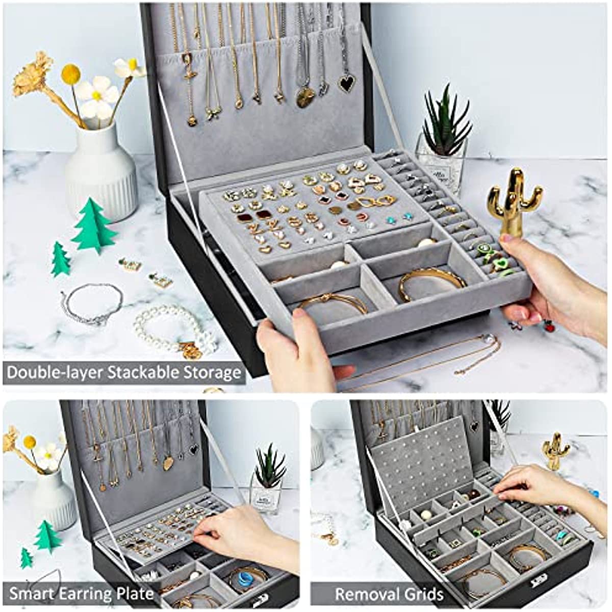 2 layer stackable jewelry box with removable jewelry organizer trays