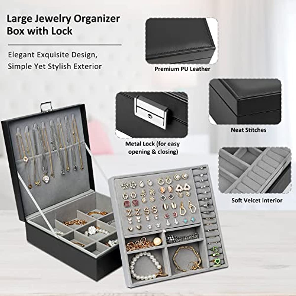 2 layer stackable jewelry box with removable jewelry organizer trays