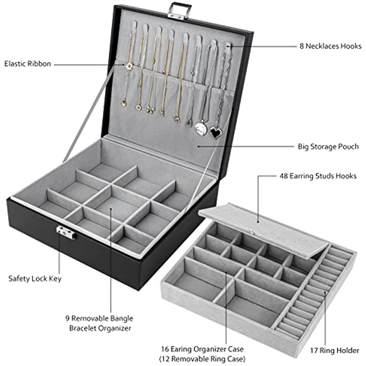 2 layer stackable jewelry box with removable jewelry organizer trays