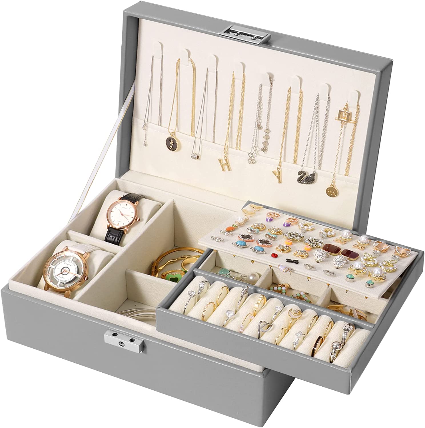 2 layer stackable jewelry box with removable jewelry organizer trays