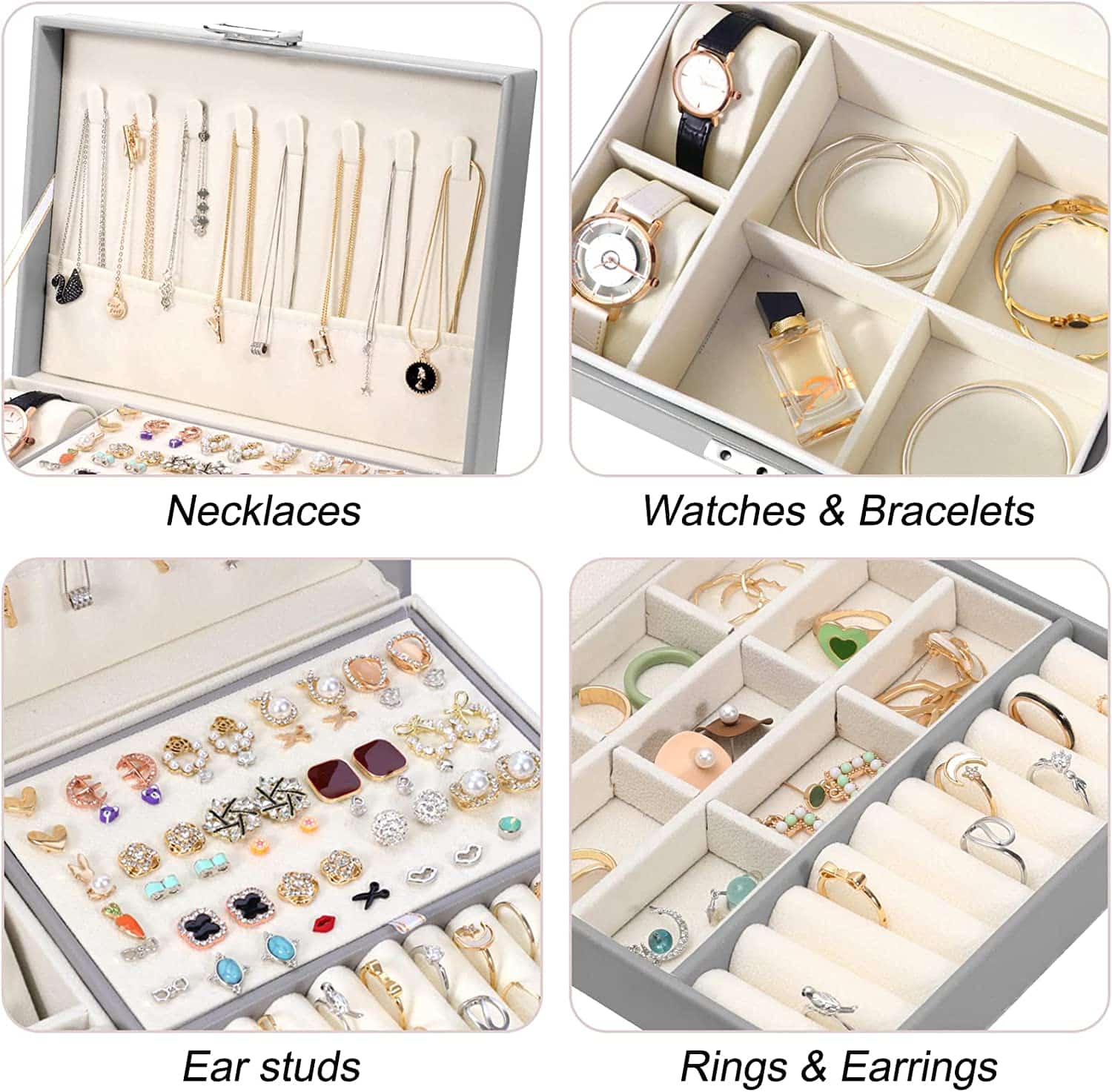 2 layer stackable jewelry box with removable jewelry organizer trays