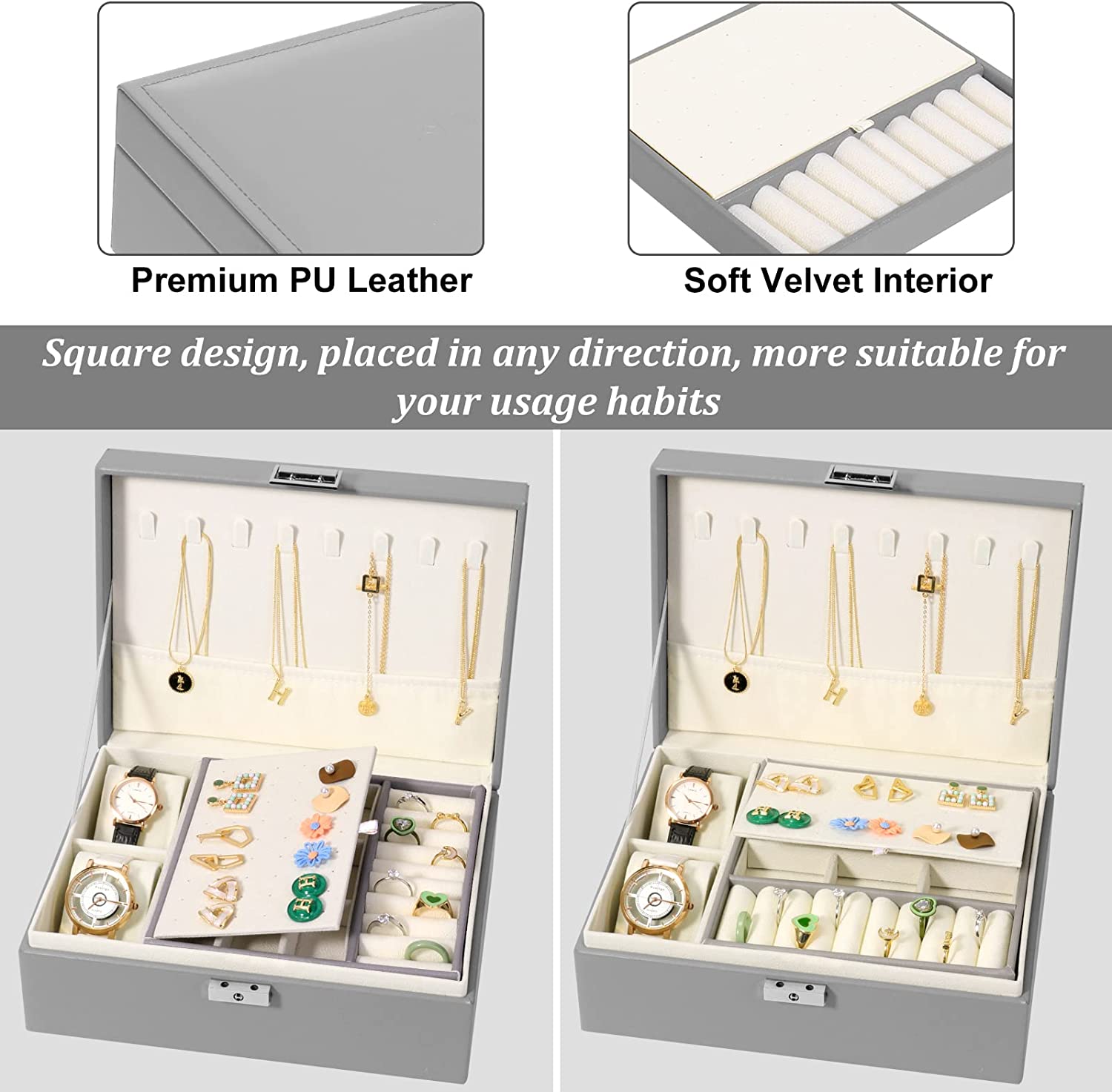 2 layer stackable jewelry box with removable jewelry organizer trays