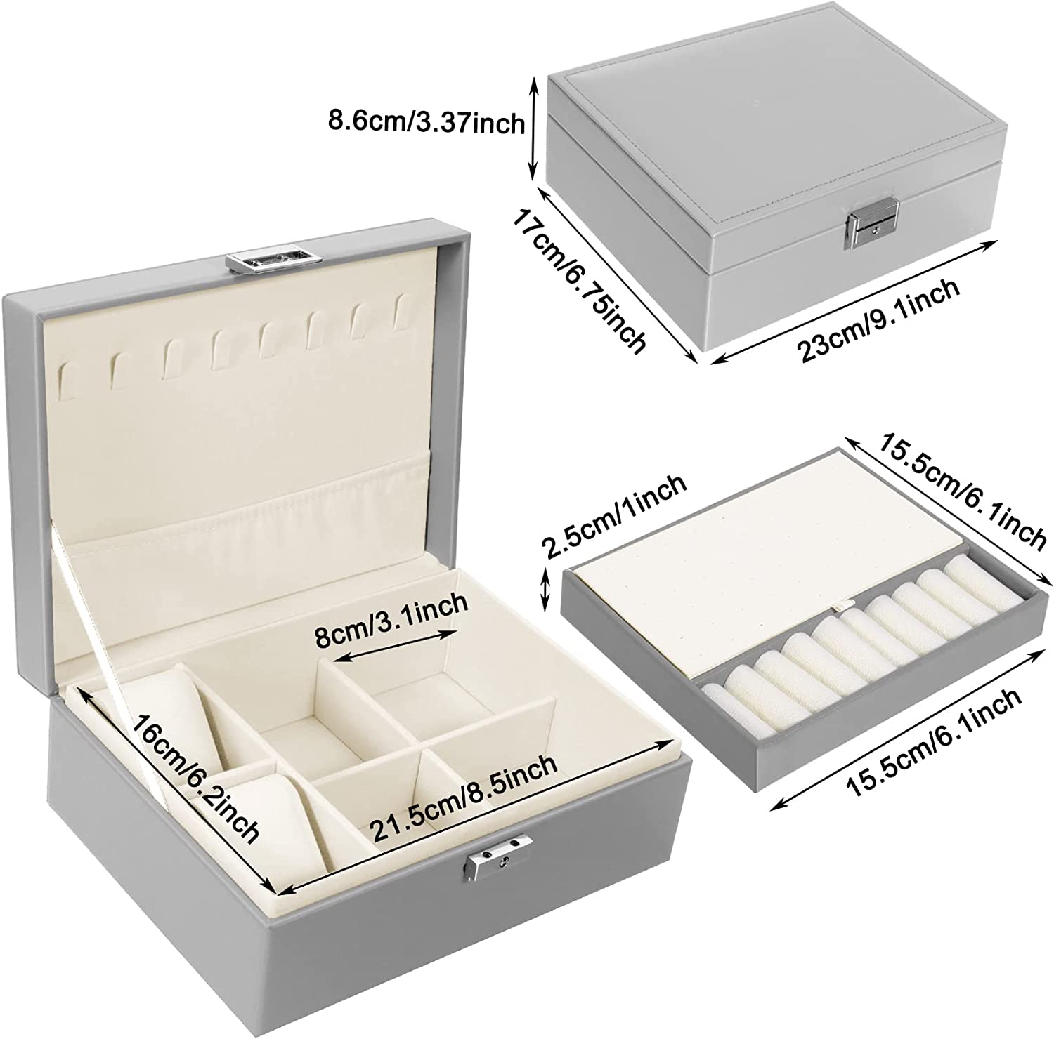 2 layer stackable jewelry box with removable jewelry organizer trays