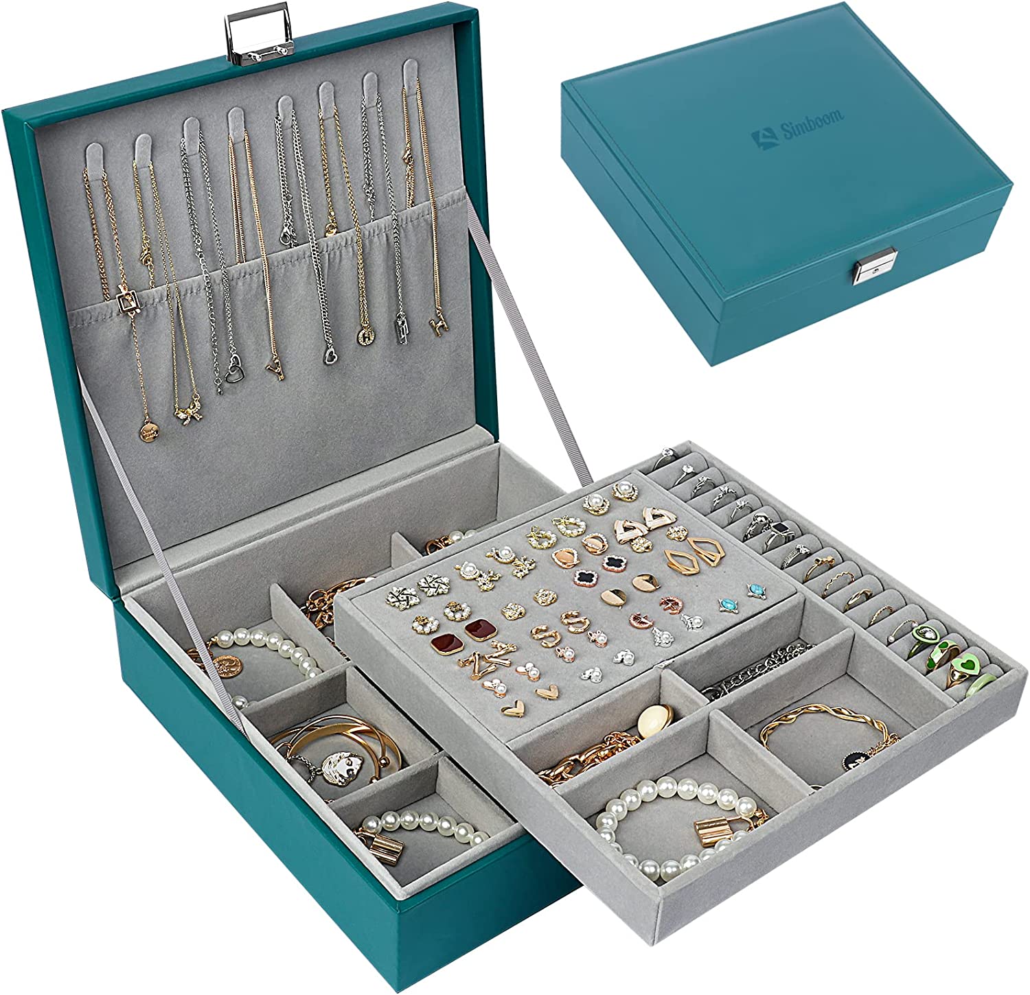 2 layer stackable jewelry box with removable jewelry organizer trays