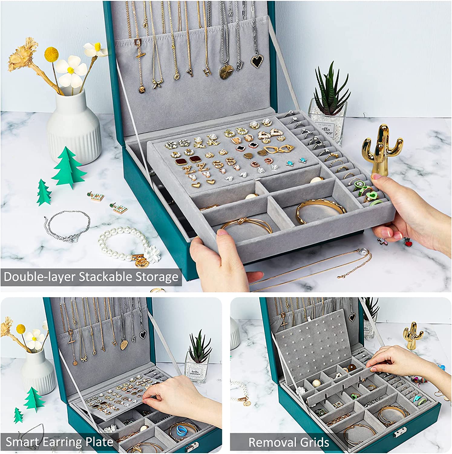 2 layer stackable jewelry box with removable jewelry organizer trays