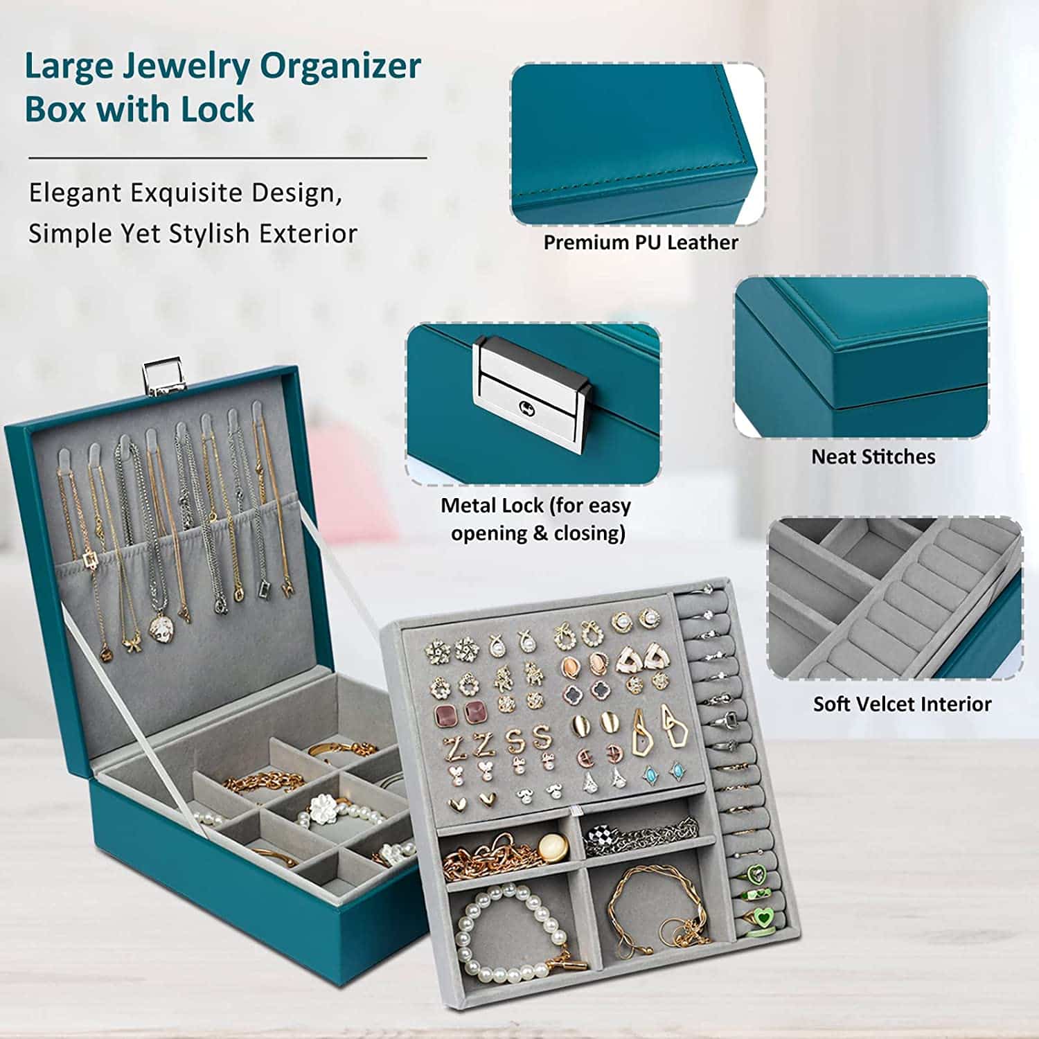 2 layer stackable jewelry box with removable jewelry organizer trays