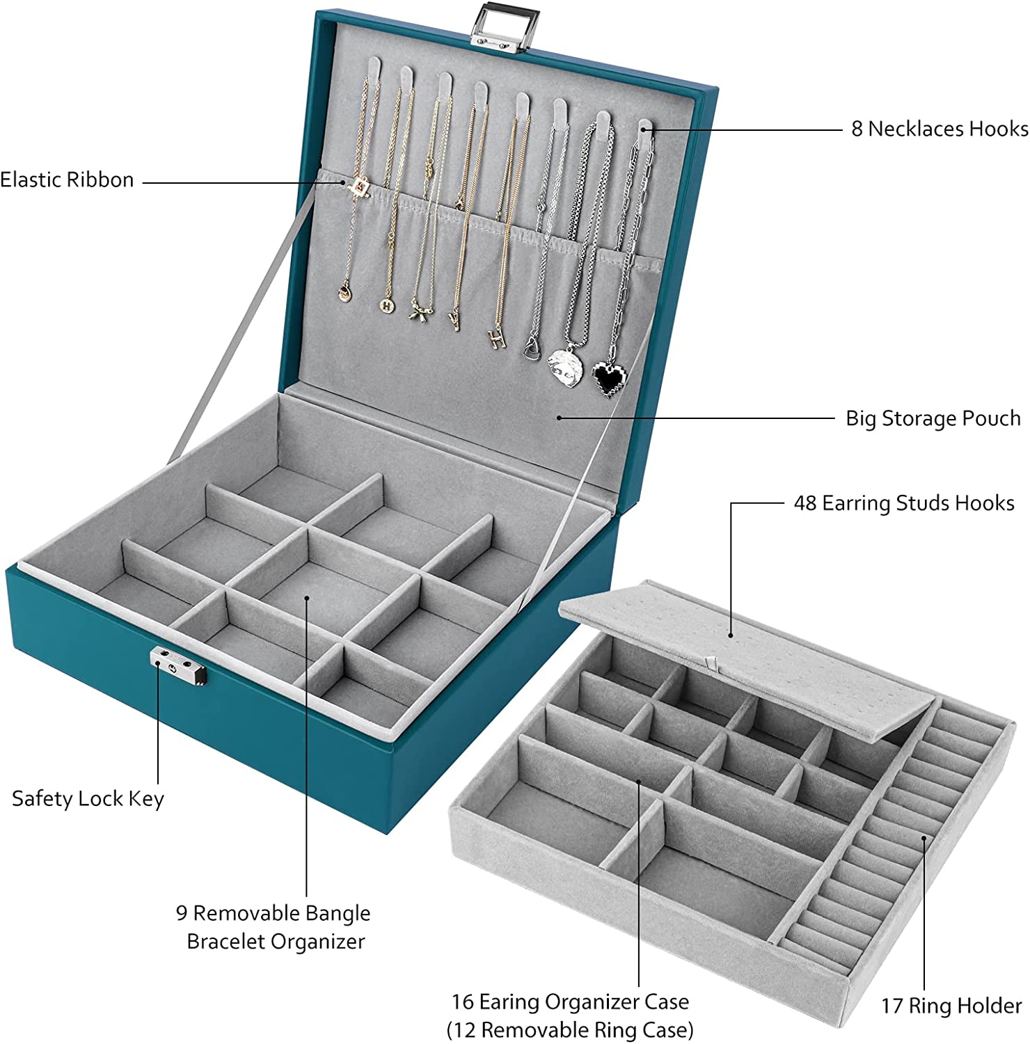 2 layer stackable jewelry box with removable jewelry organizer trays
