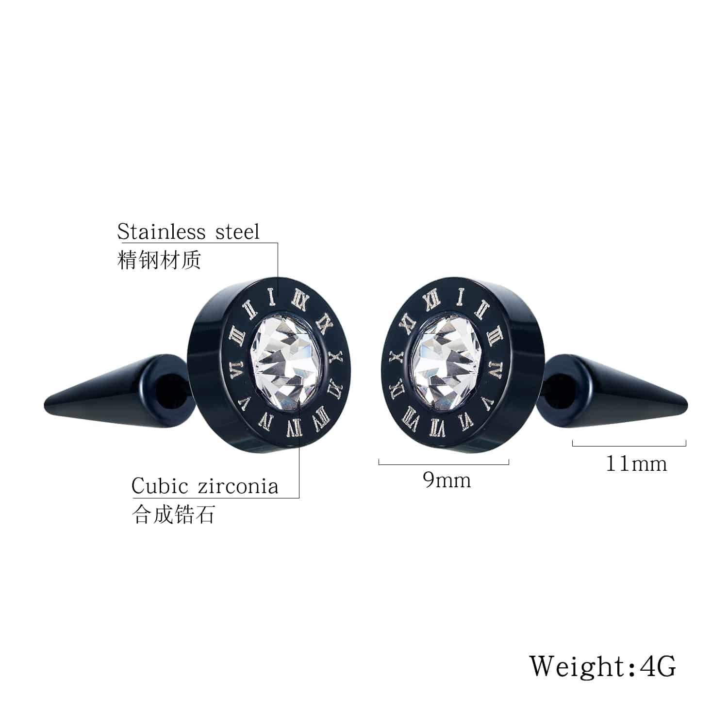 Stylish Men’s Titanium Steel Roman Numeral Stud Earrings – 9mm Diameter
