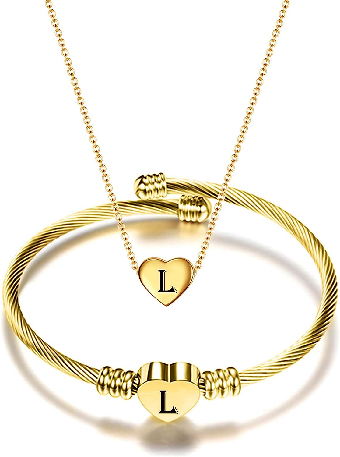 Stainless Steel Heart Name Necklace and Bracelet Set – Customizable with A-Z Letters