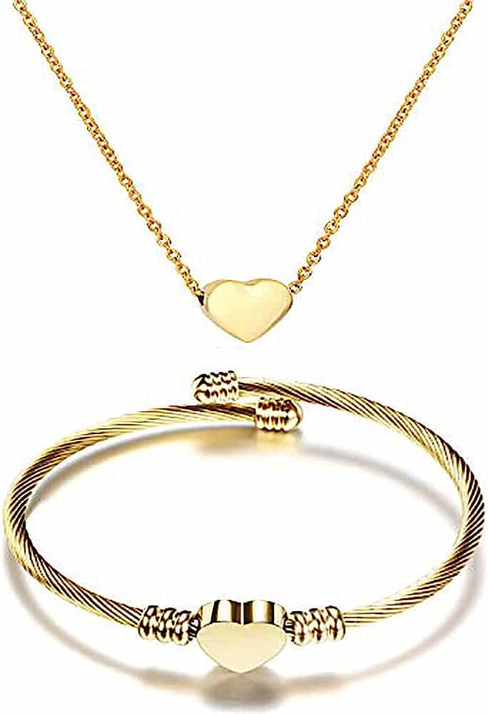 Stainless Steel Heart Name Necklace and Bracelet Set – Customizable with A-Z Letters