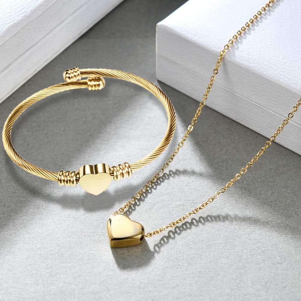 Stainless Steel Heart Name Necklace and Bracelet Set – Customizable with A-Z Letters