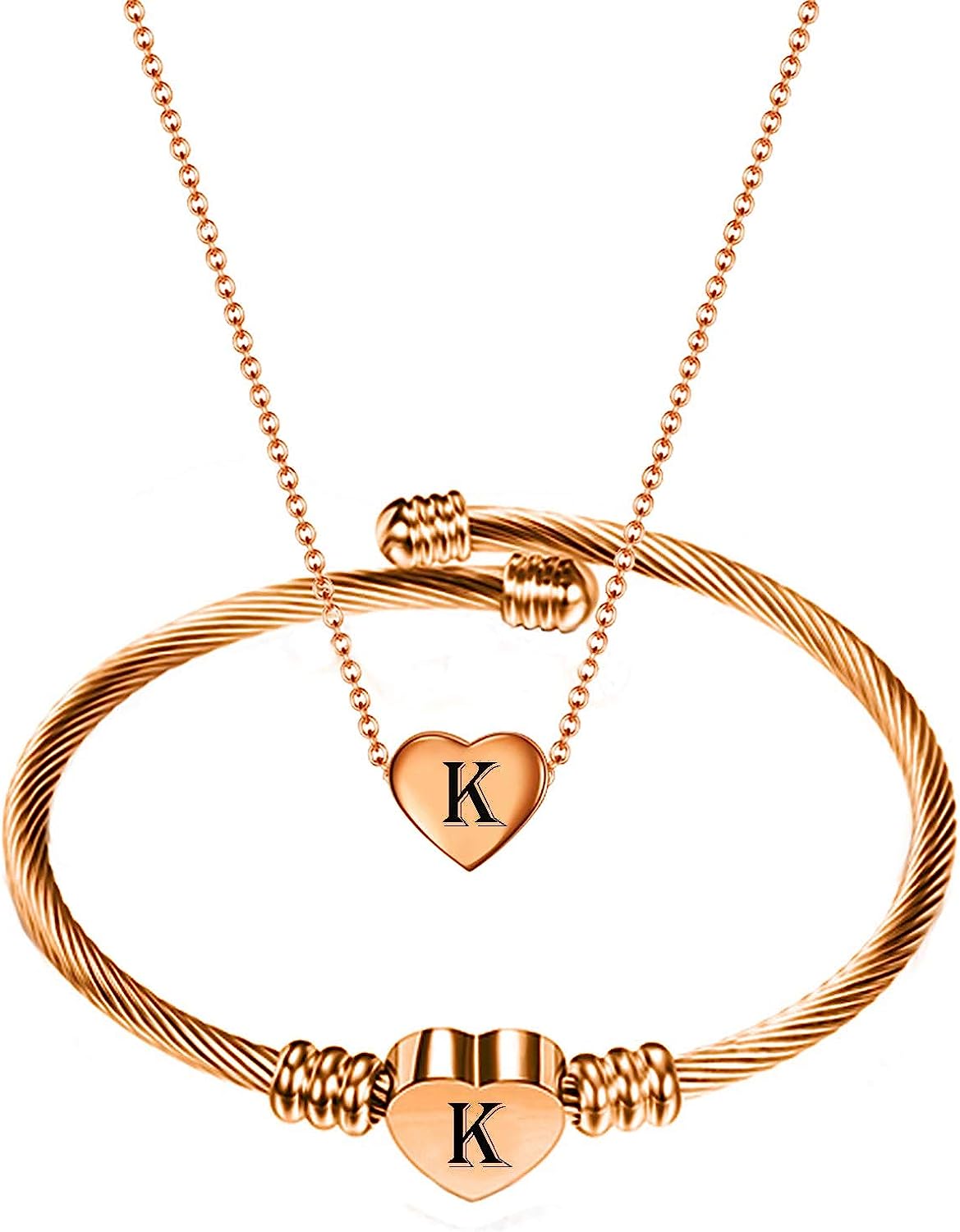 Stainless Steel Heart Name Necklace and Bracelet Set – Customizable with A-Z Letters