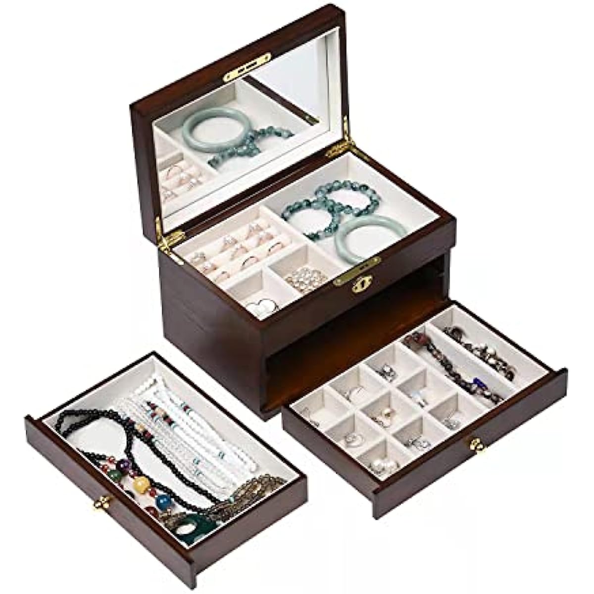 3-Layer Vintage Wooden Jewelry Box with Large Mirror