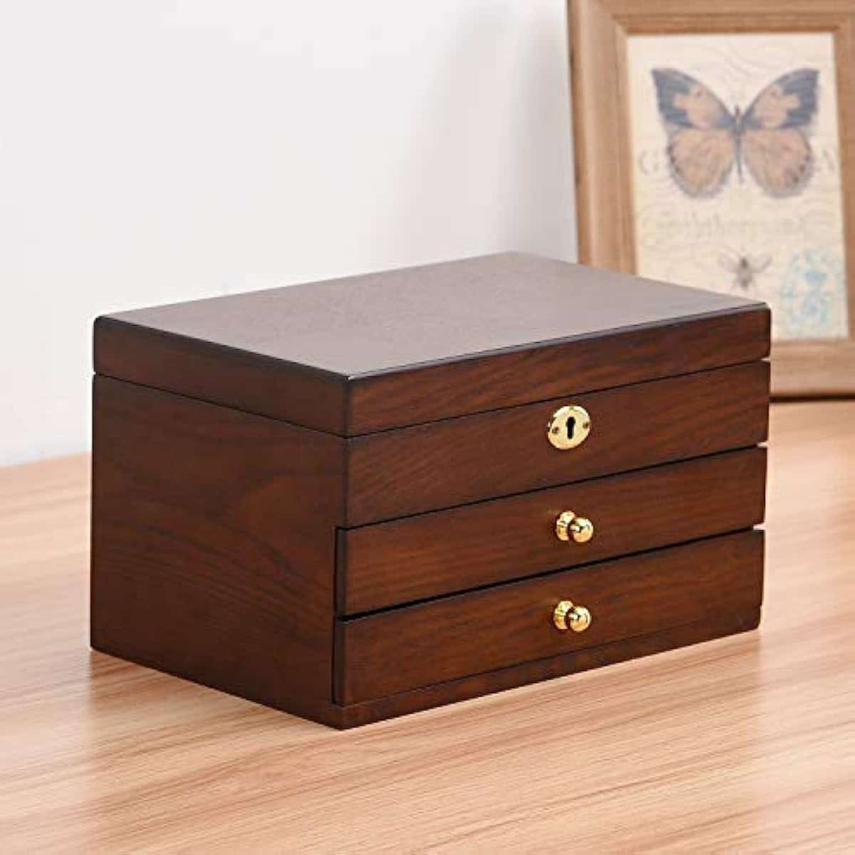 3-Layer Vintage Wooden Jewelry Box with Large Mirror