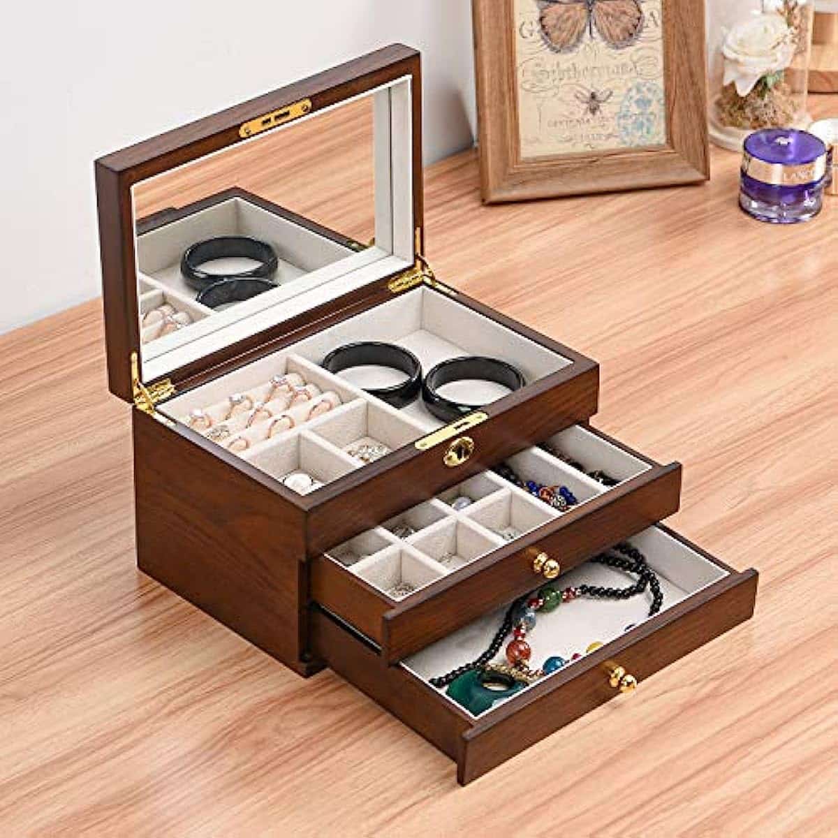 3-Layer Vintage Wooden Jewelry Box with Large Mirror