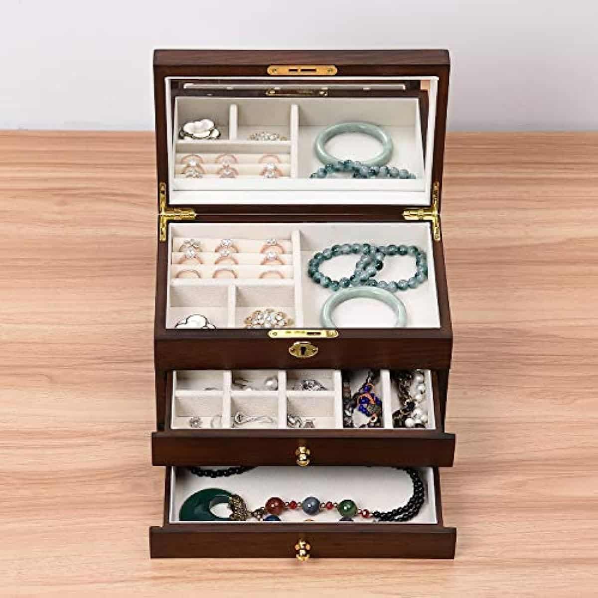 3-Layer Vintage Wooden Jewelry Box with Large Mirror
