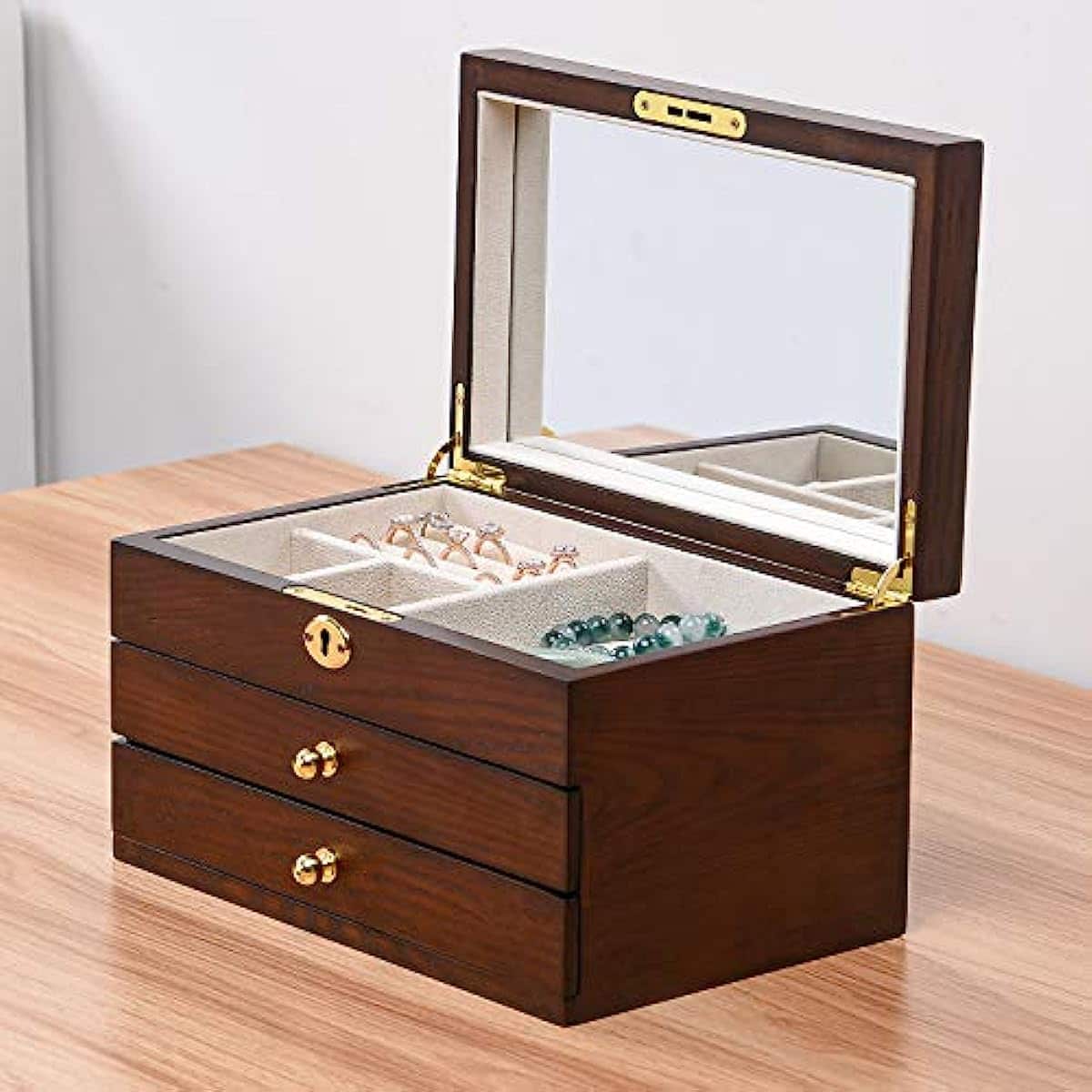 3-Layer Vintage Wooden Jewelry Box with Large Mirror