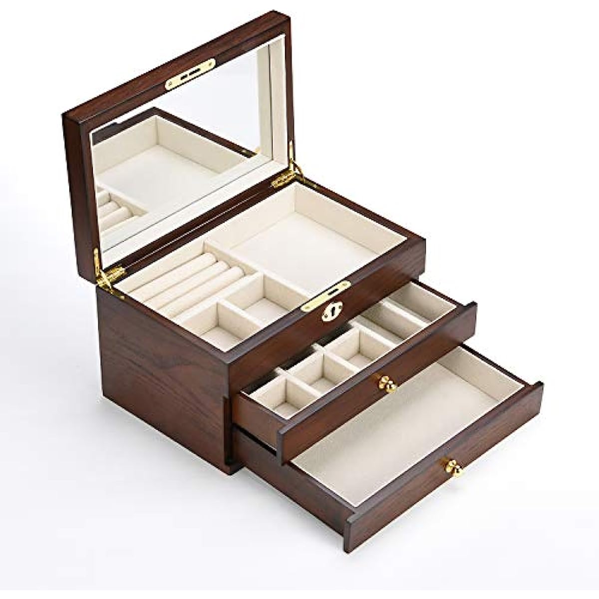 3-Layer Vintage Wooden Jewelry Box with Large Mirror