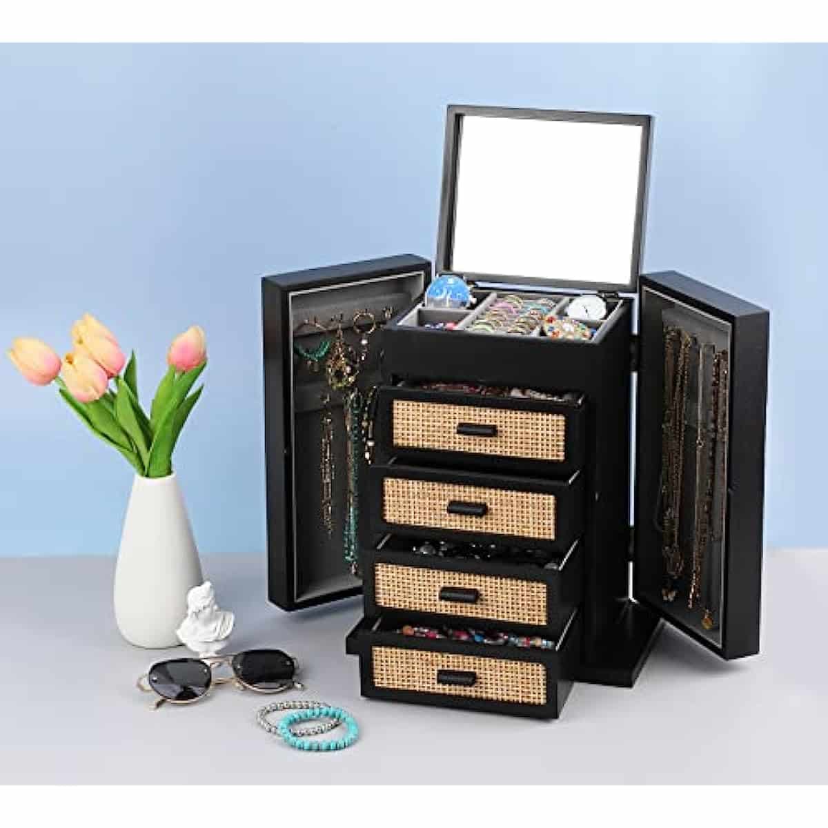 5 Layers Wooden Jewelry Organizer Box with Mirror