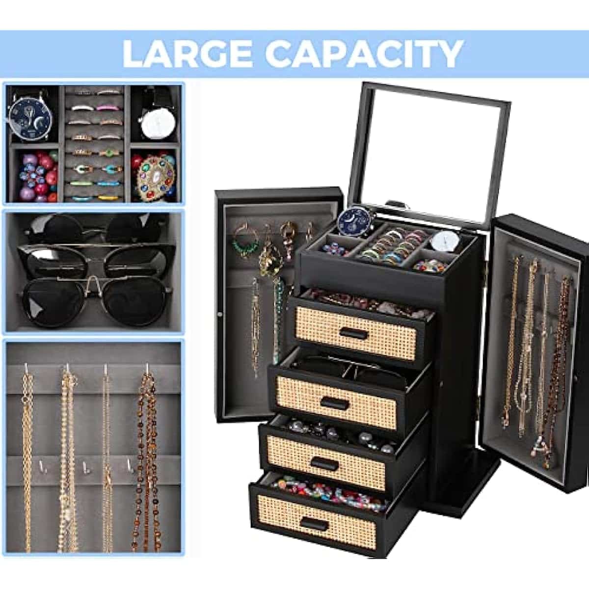 5 Layers Wooden Jewelry Organizer Box with Mirror