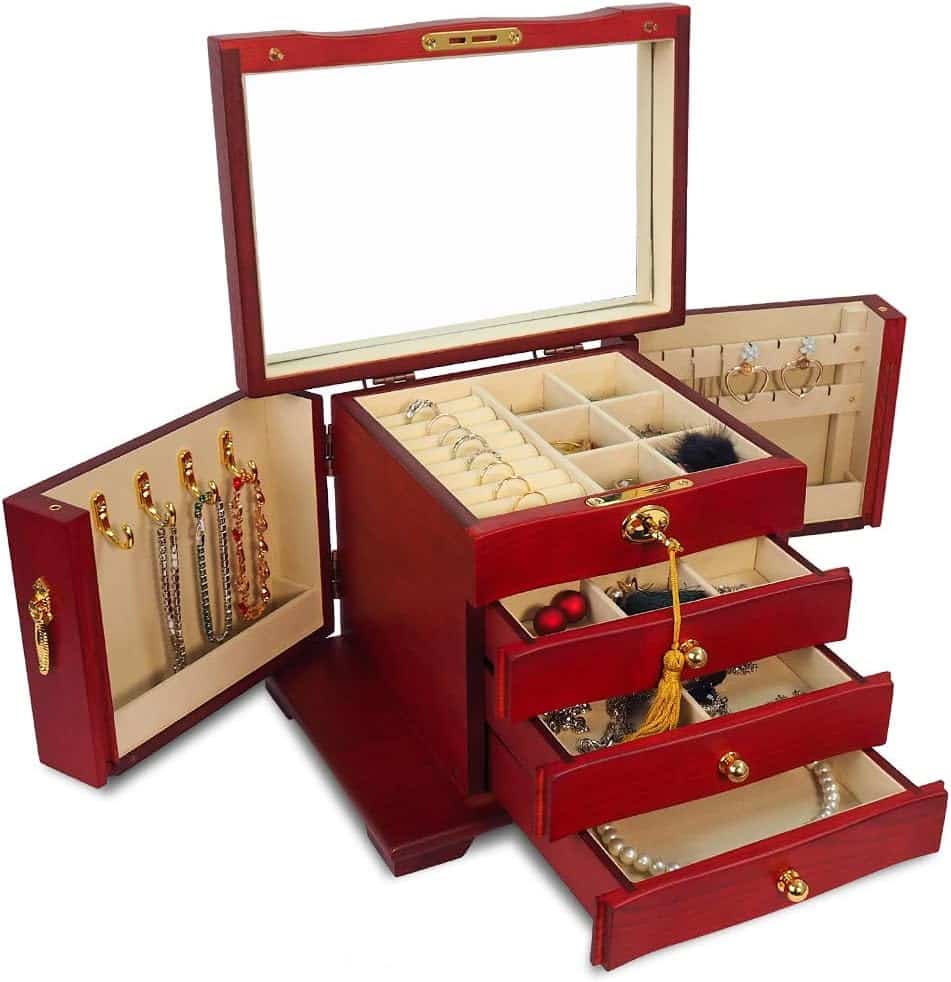 4 Layers Wooden Jewelry Organizer Display Case with Lock