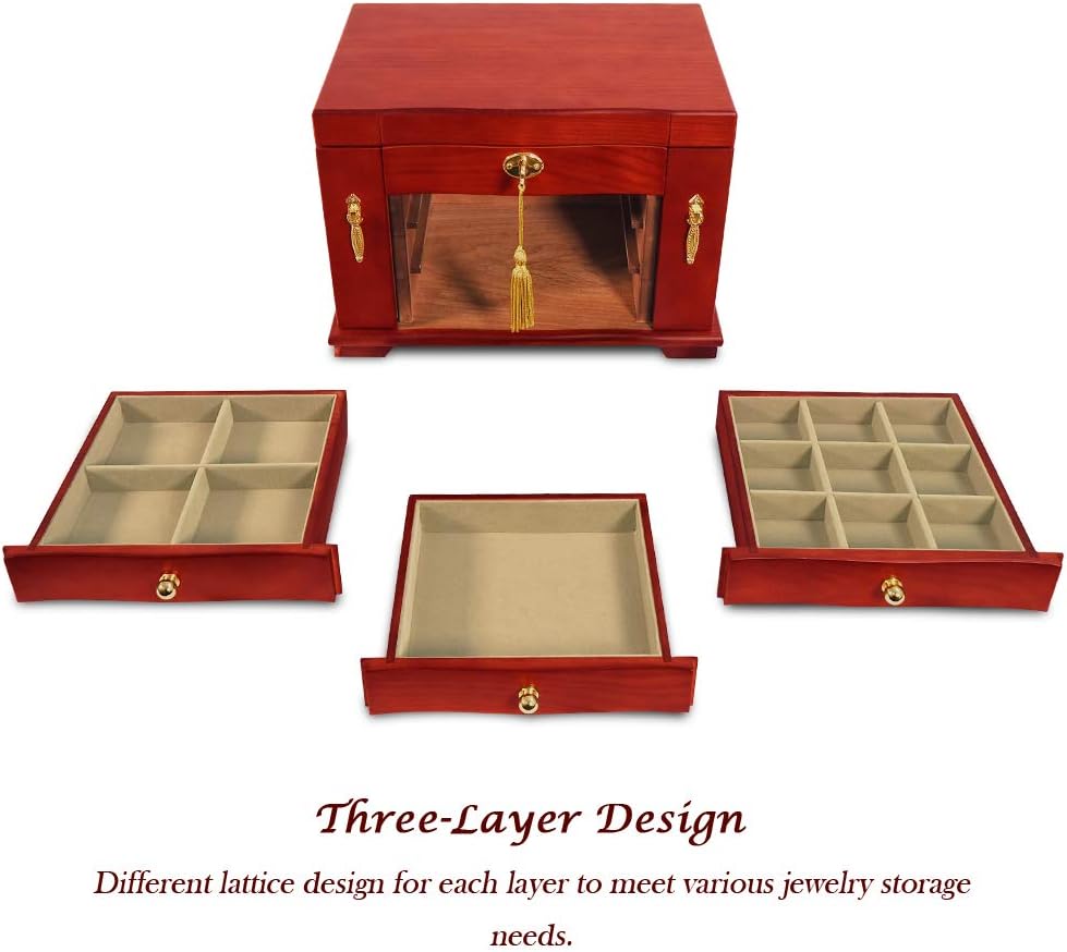 4 Layers Wooden Jewelry Organizer Display Case with Lock