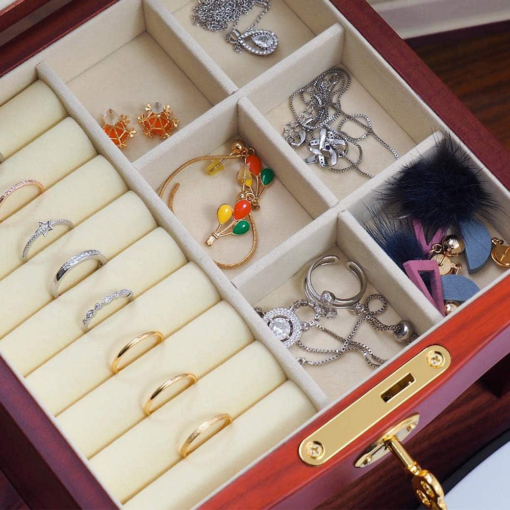 4 Layers Wooden Jewelry Organizer Display Case with Lock