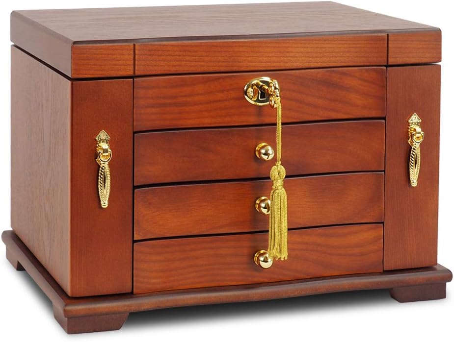 4 Layers Wooden Jewelry Organizer Display Case with Lock
