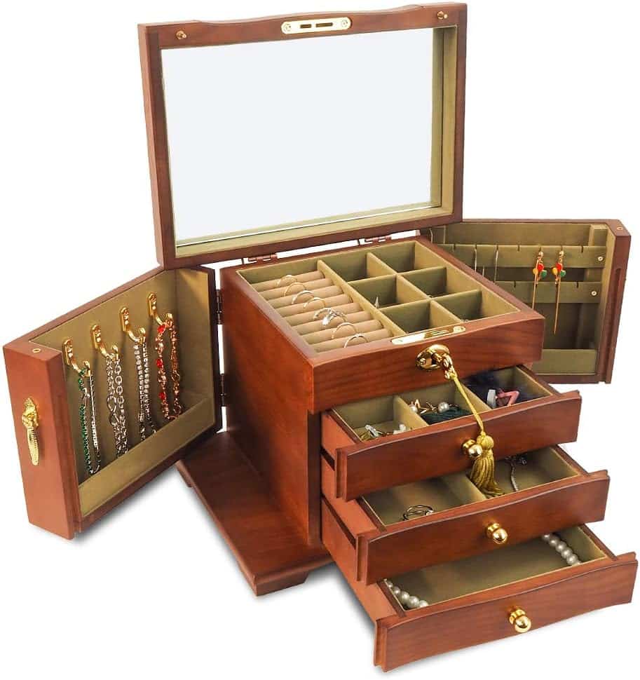 4 Layers Wooden Jewelry Organizer Display Case with Lock