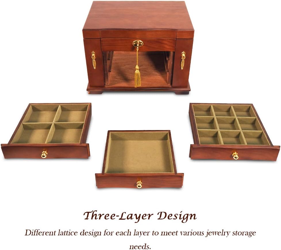 4 Layers Wooden Jewelry Organizer Display Case with Lock