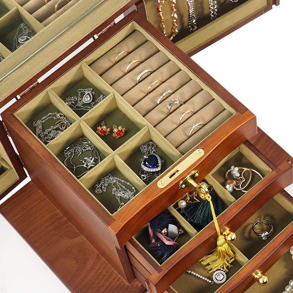 4 Layers Wooden Jewelry Organizer Display Case with Lock