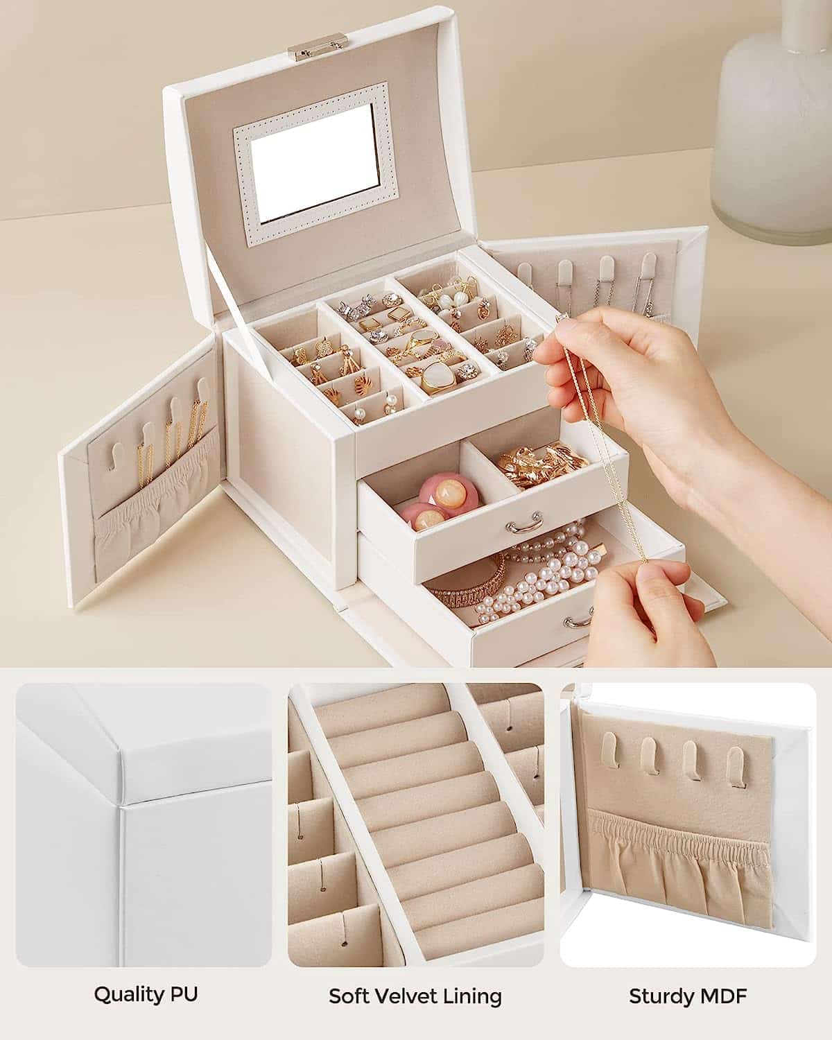 3-Layer Premium Faux Leather Jewelry Box for Earrings, Rings and Necklaces