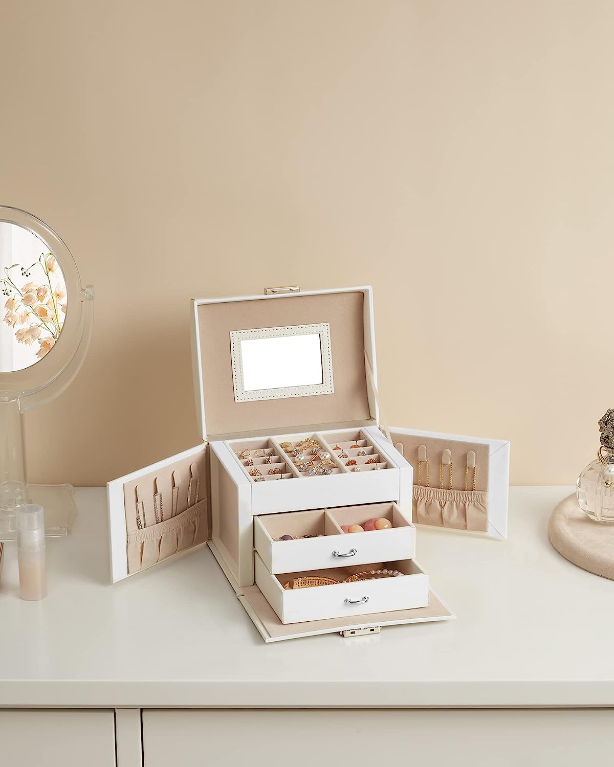 3-Layer Premium Faux Leather Jewelry Box for Earrings, Rings and Necklaces