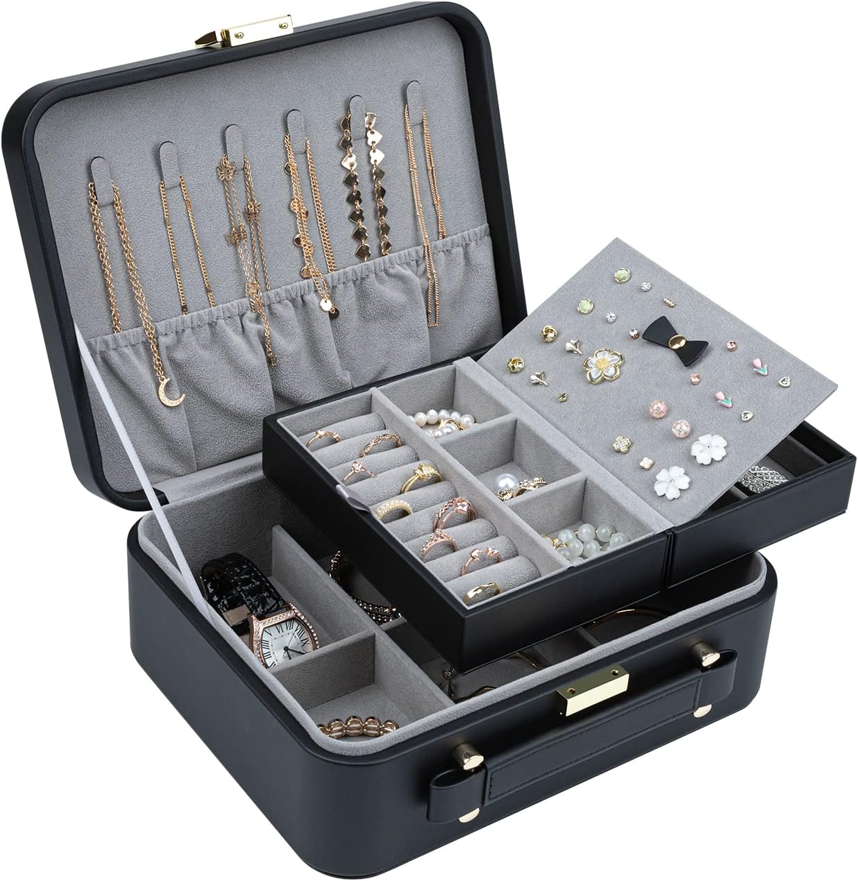 2 Layer Jewelry Organizer Box with Removable Tray for Earrings Rings Necklaces Bracelets Watches