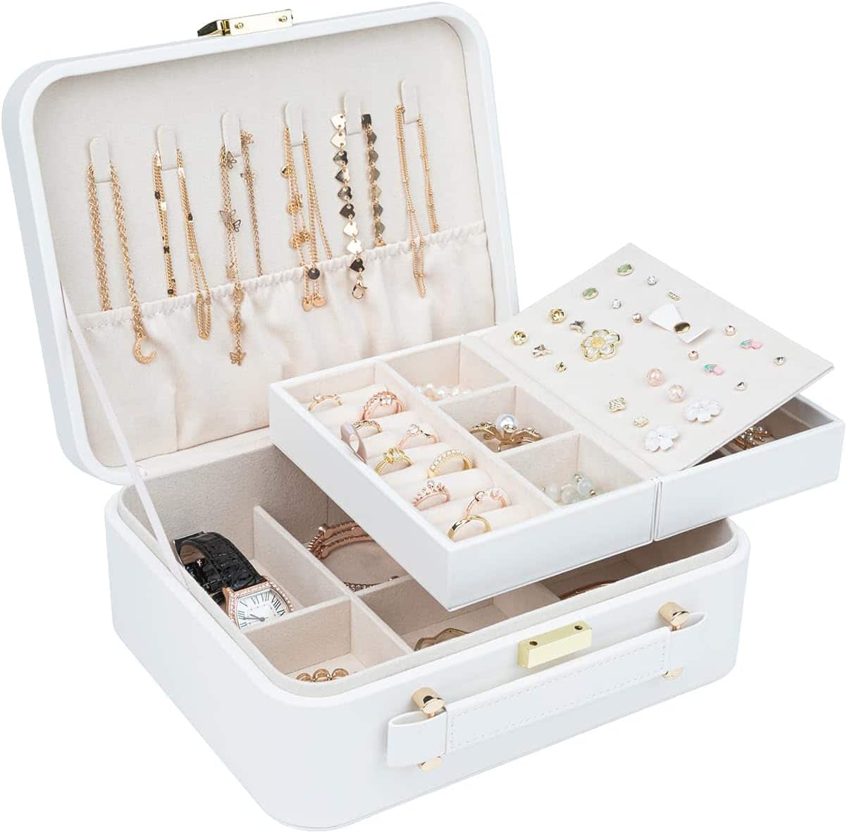 2 Layer Jewelry Organizer Box with Removable Tray for Earrings Rings Necklaces Bracelets Watches