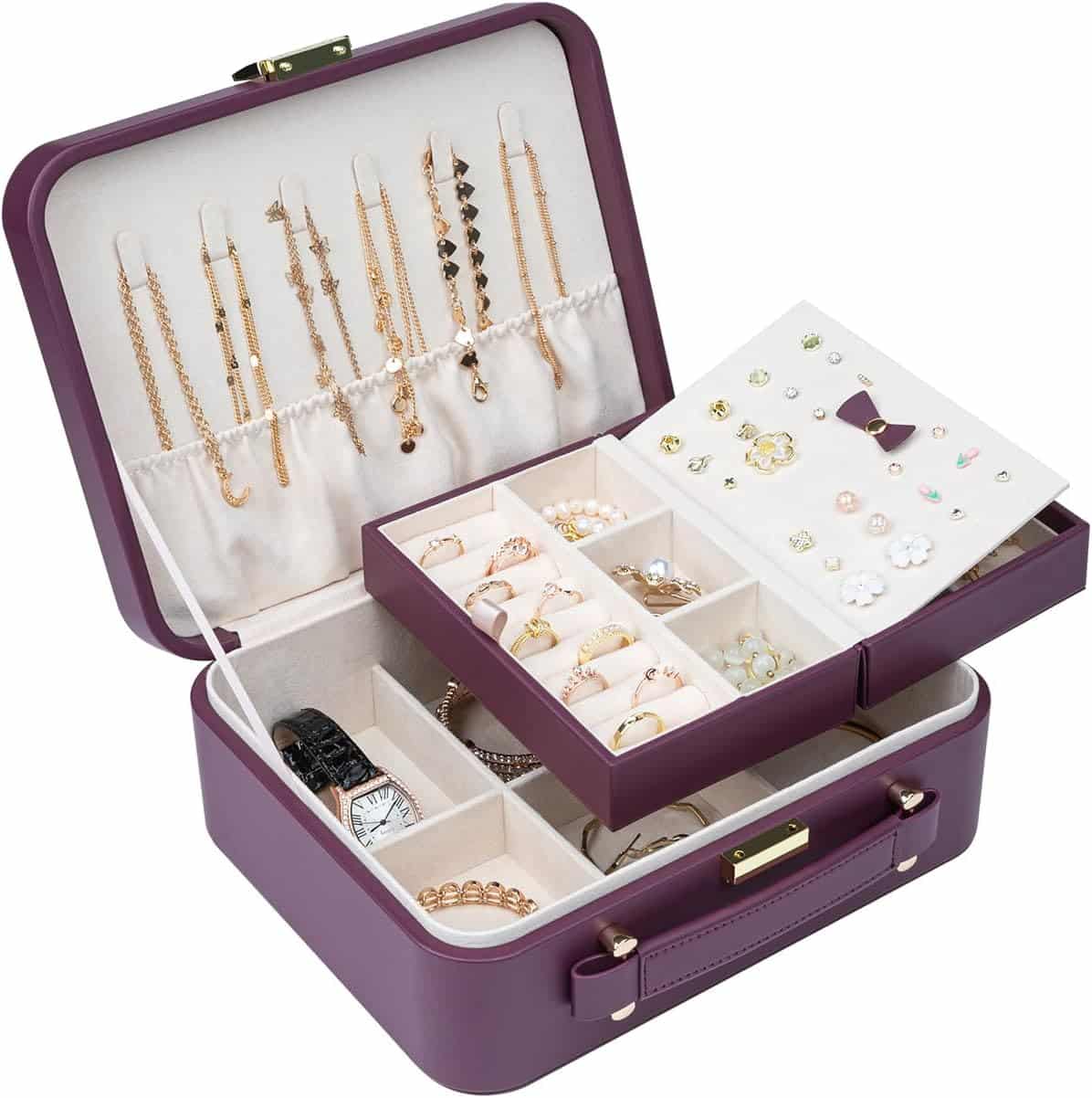 2 Layer Jewelry Organizer Box with Removable Tray for Earrings Rings Necklaces Bracelets Watches