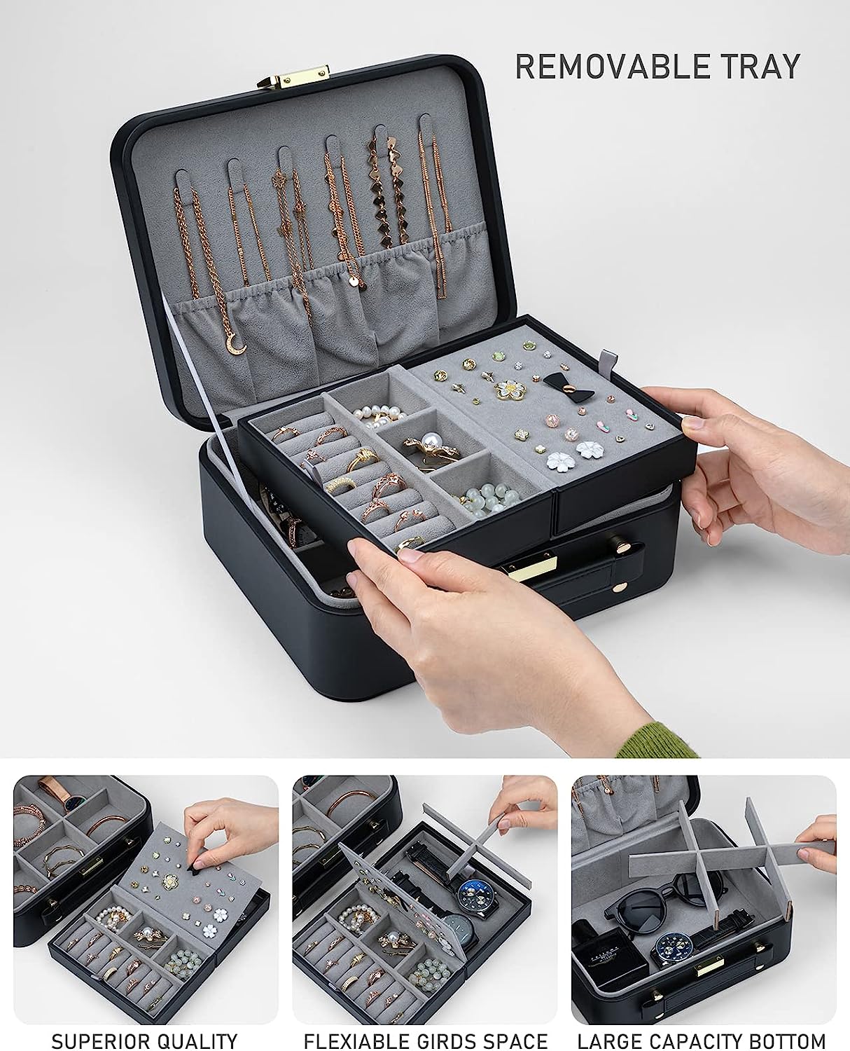 2 Layer Jewelry Organizer Box with Removable Tray for Earrings Rings Necklaces Bracelets Watches