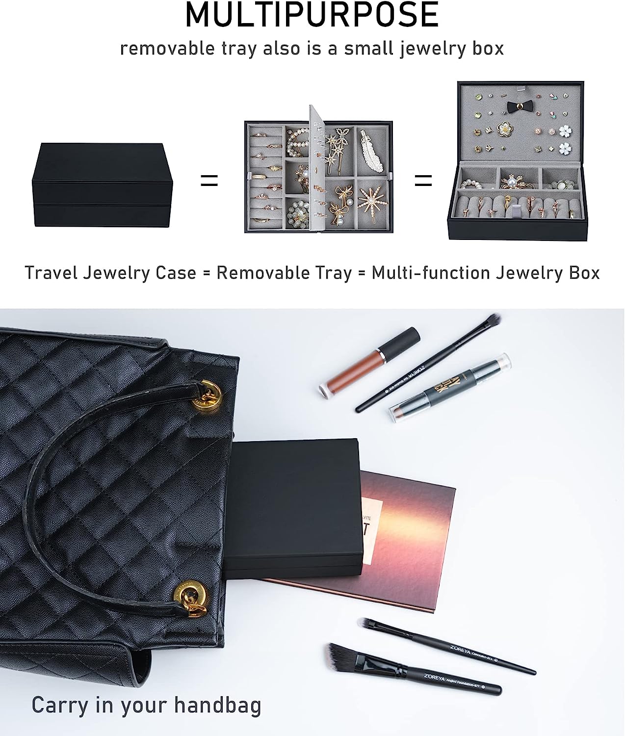 2 Layer Jewelry Organizer Box with Removable Tray for Earrings Rings Necklaces Bracelets Watches