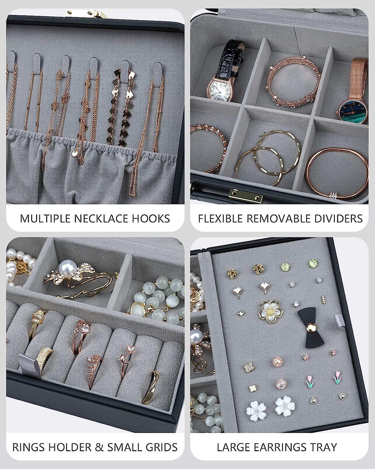 2 Layer Jewelry Organizer Box with Removable Tray for Earrings Rings Necklaces Bracelets Watches