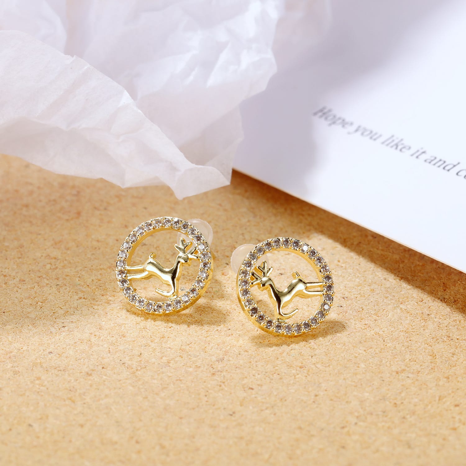Gorgeous Copper Deer Earrings Adorned with Shimmering Synthetic Diamonds