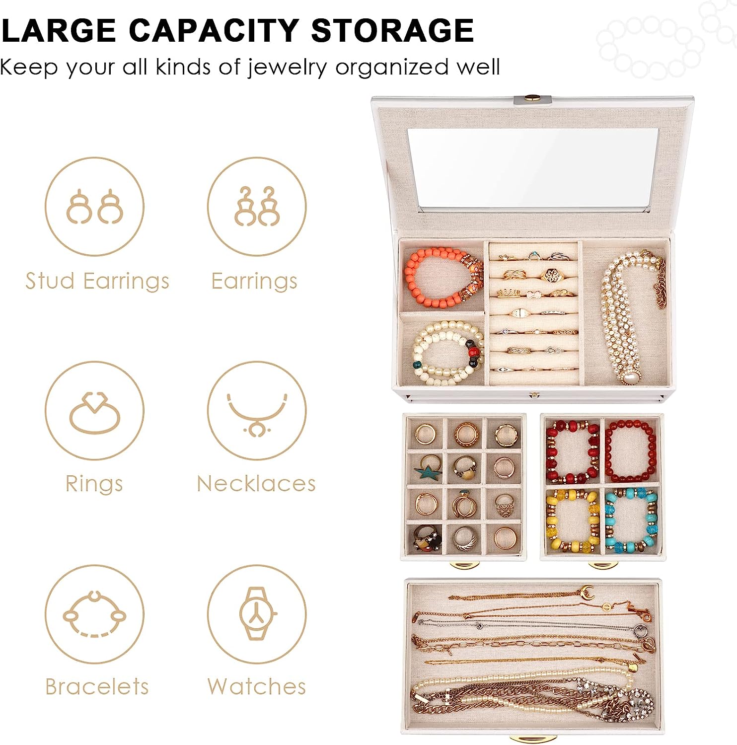 3 Layers Large Jewelry Organizer with Clear Lid