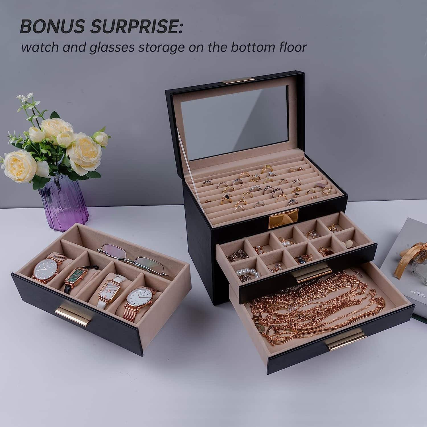 4-Layer Large Jewelry Organizer Box with Transparent Lid