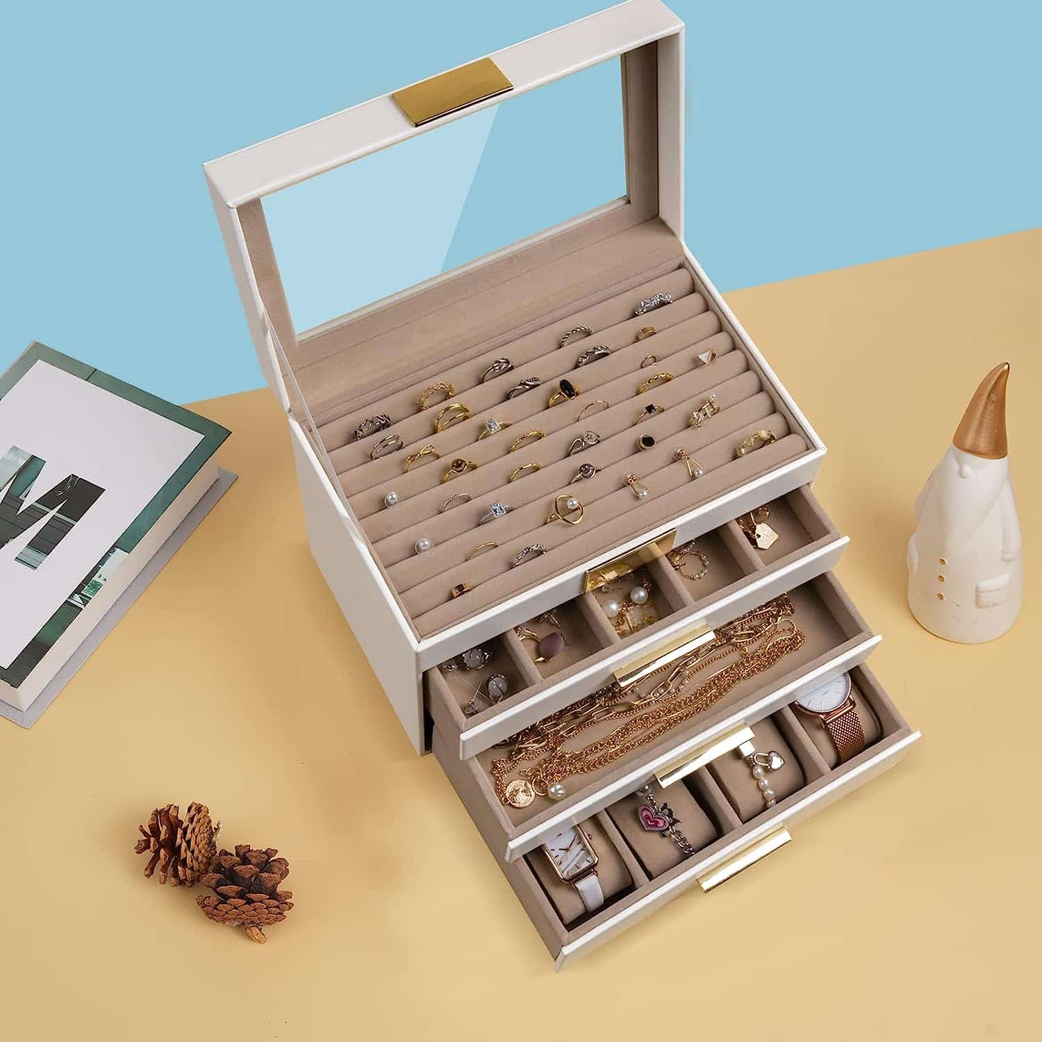 4-Layer Large Jewelry Organizer Box with Transparent Lid