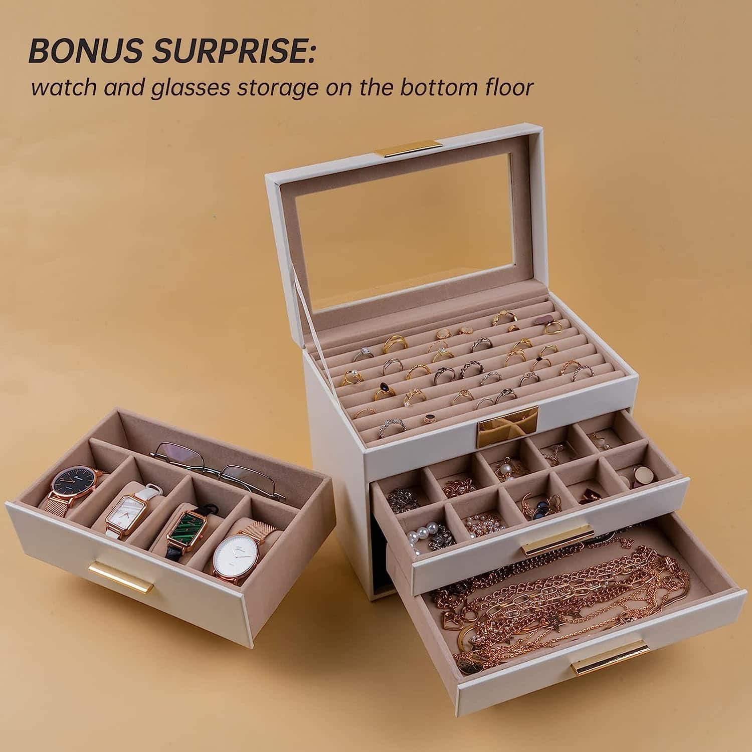 4-Layer Large Jewelry Organizer Box with Transparent Lid