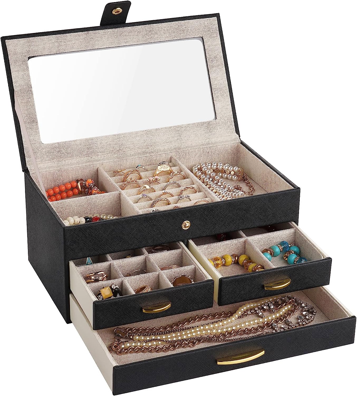 3 Layers Large Jewelry Organizer with Clear Lid