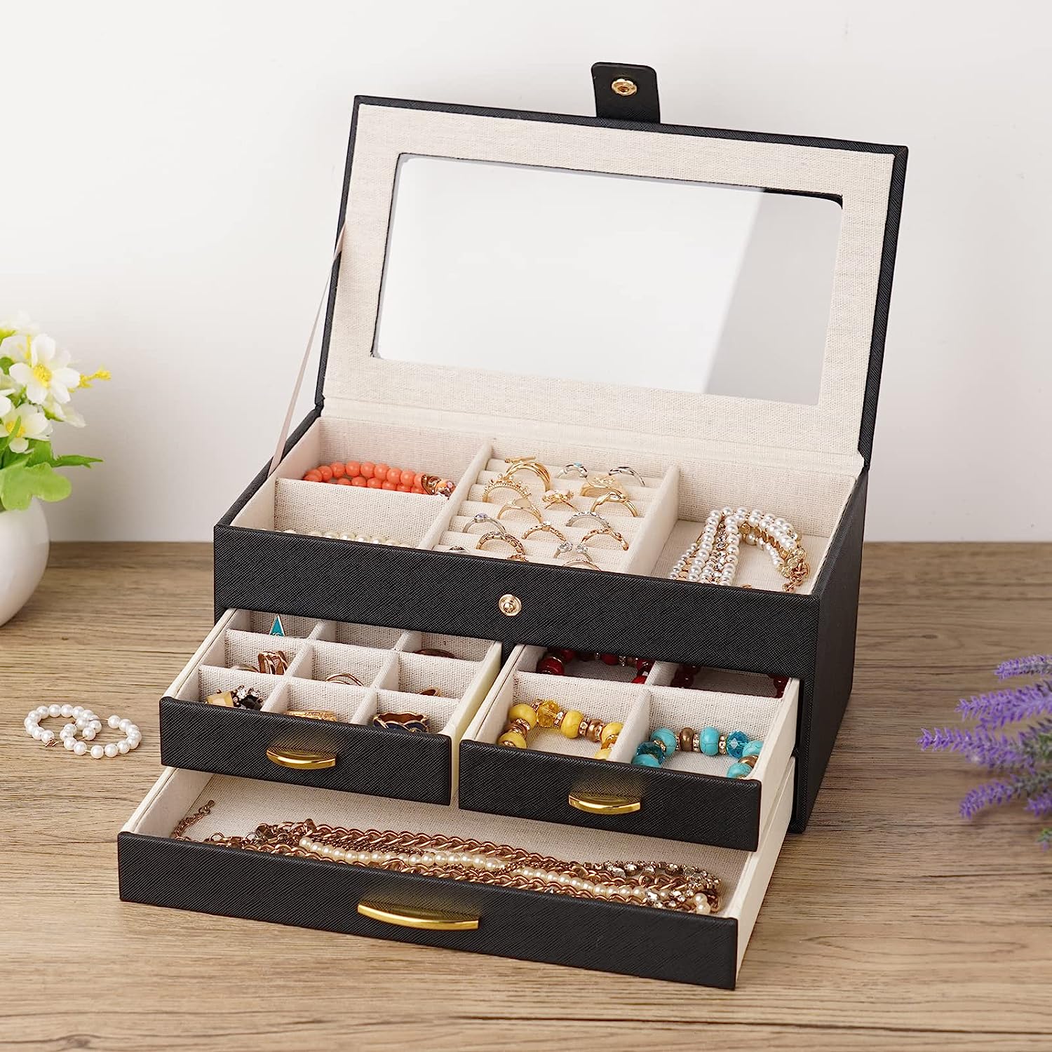 3 Layers Large Jewelry Organizer with Clear Lid