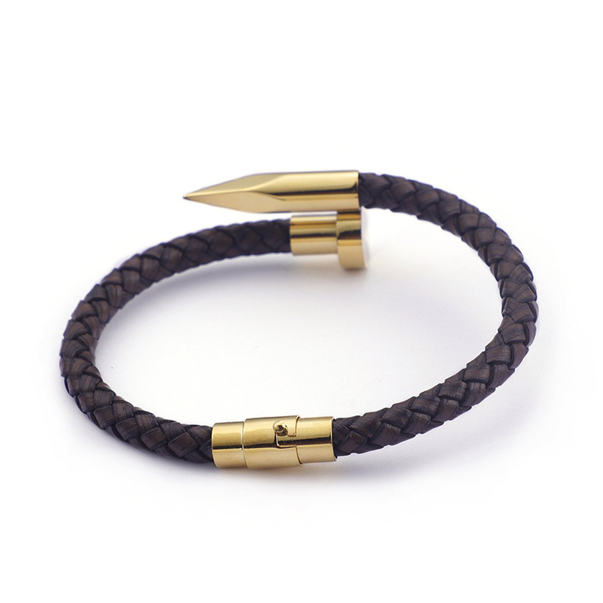 Men's nail tip leather bracelet with braided brown leather band and gold stainless steel clasp