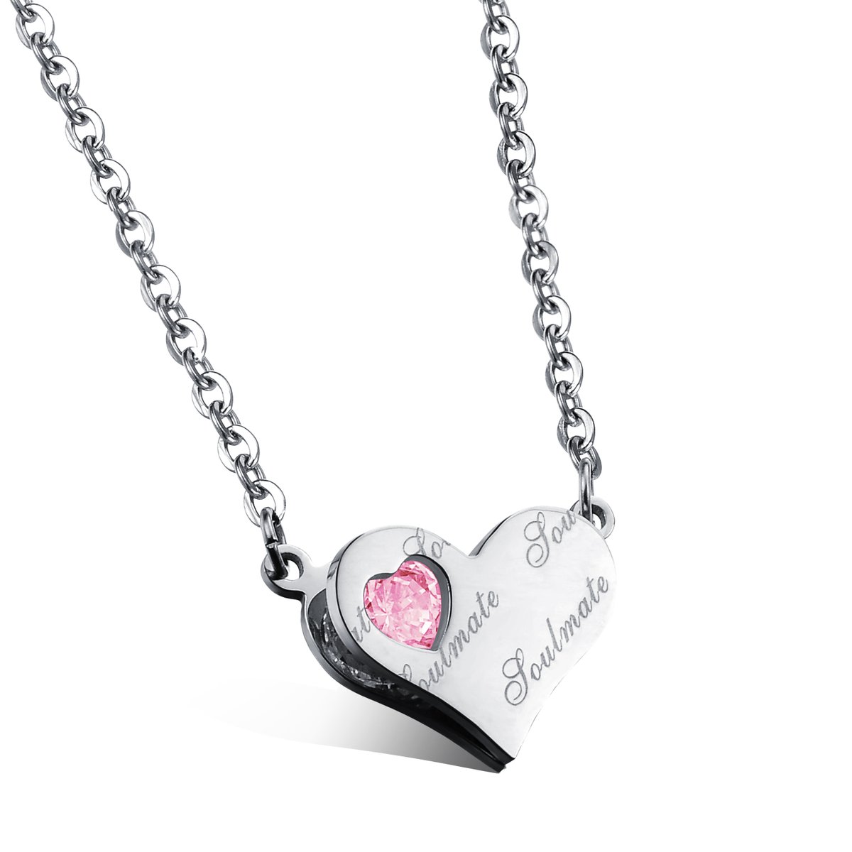 Silver soulmate heart pendant necklace with pink cubic zirconia
