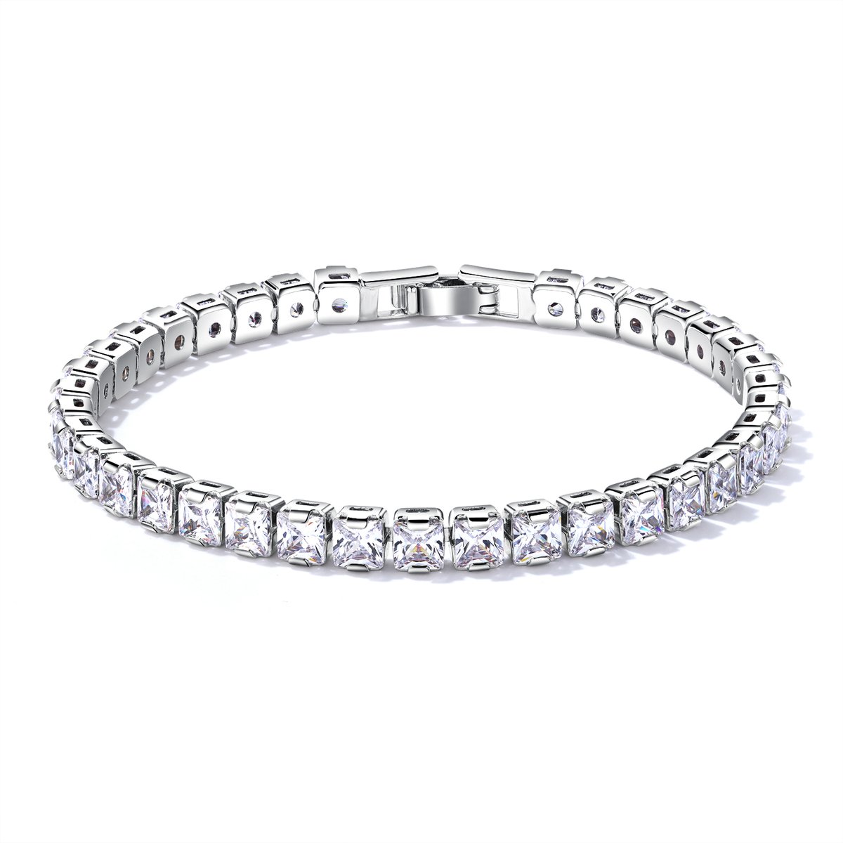 Silver princess cut cubic zirconia tennis bracelet white background